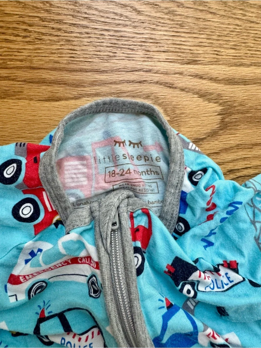 Little Sleepies Light Blue bamboo Short-Sleeve Romper with Rescue Vehicle Print